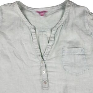 Lilly Pulitzer 100% Linen Mint Green Henley 3/4 Sleeves V-Neck Top Womens Medium